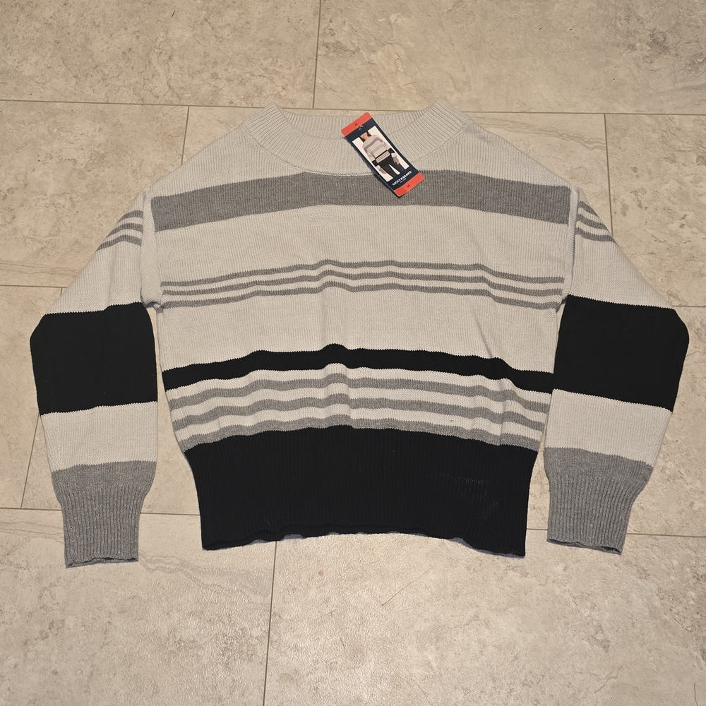 Lucky Brand Women's Gray and Black Striped Crewneck Sweater